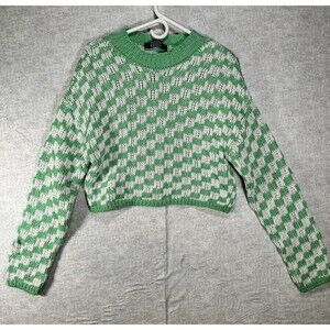 Primark Green And White Checkered Slouch Sweater Cropped Size Medium